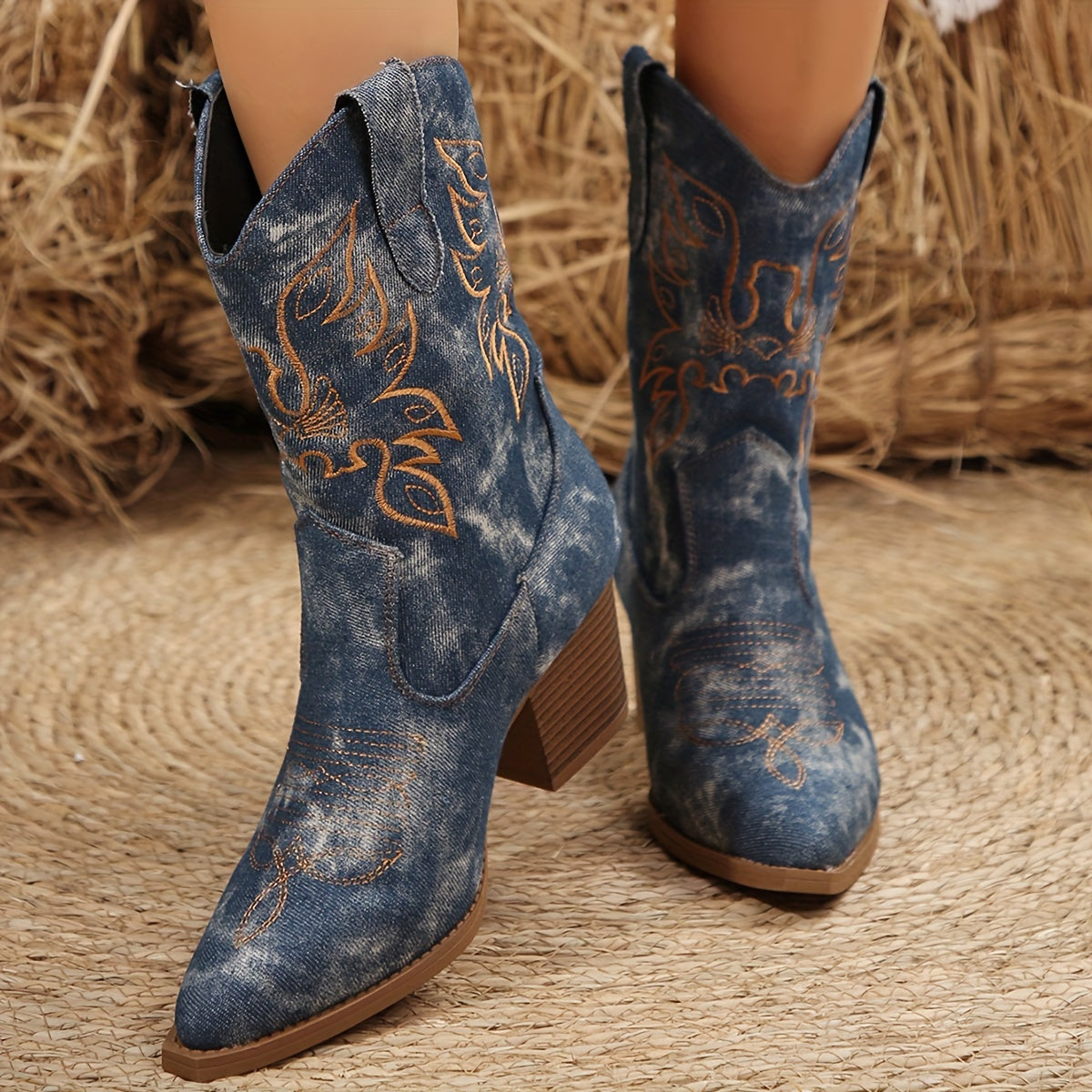 Women's Wide Calf Western Boots with Floral Embroidery | Block Heel and Washed Finish | Size 5.5-10.5, Black or Blue