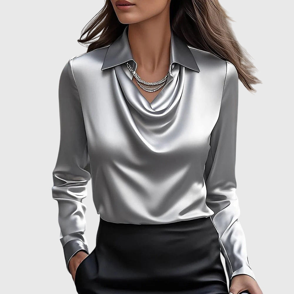 Women's Draped Blouse with Pleated Neckline and Subtle Shine | Flowy Dressy Top, Relaxed Fit | Size XS-3XL