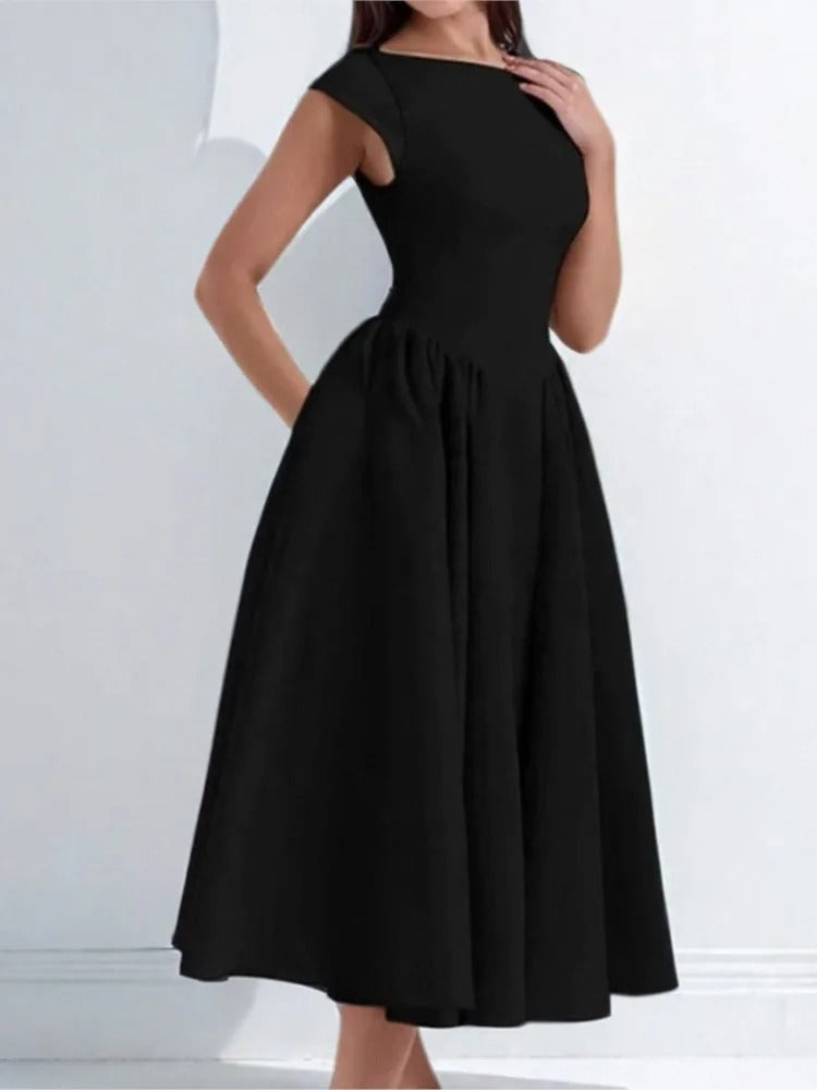 Women's Satin Midi Dress with Bateau Neck and Cap Sleeves | Open Back, Pockets | Sizes XS to XL, 4 Colors
