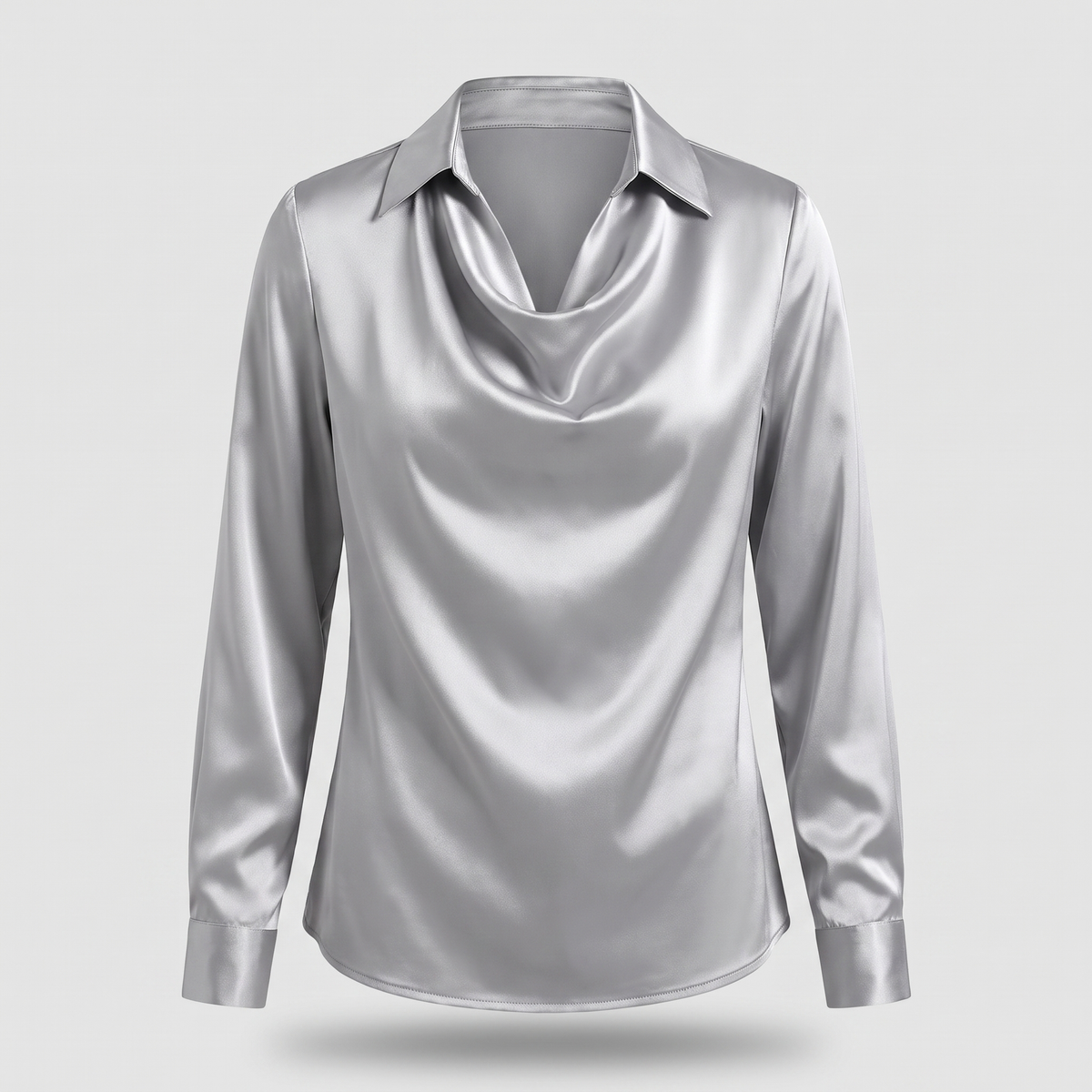 Women's Satin-Finish Cowl Neck Blouse with Collar | Long Sleeves, Relaxed Drape | Sizes XS to 3XL, 8 Colors