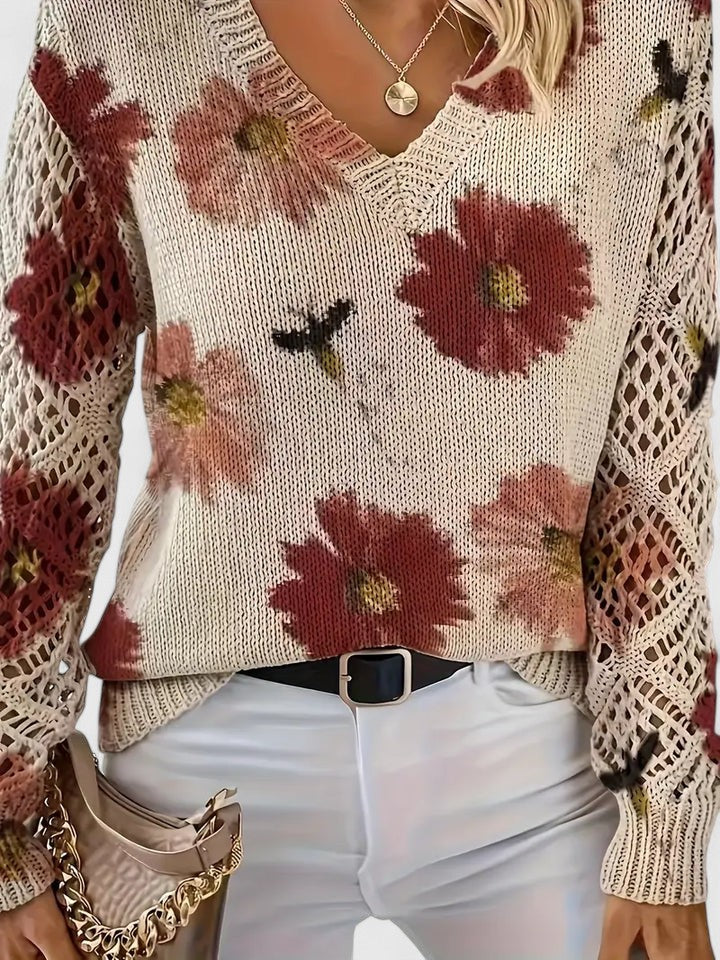 Women's Floral Knit Cardigan with V-Neck and Open Lattice Sleeves | Hip-Length Layering Sweater | Size S-2XL