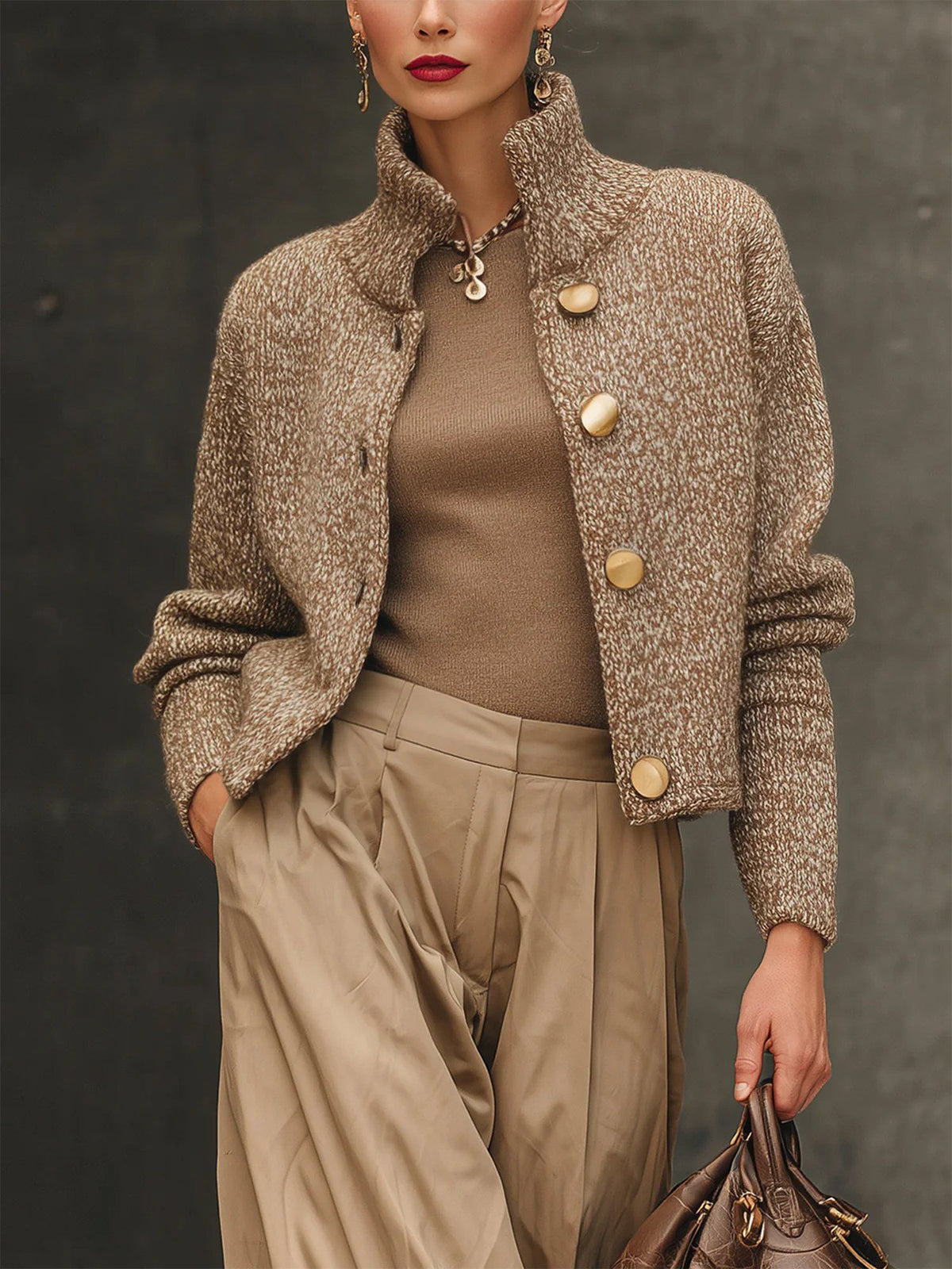 Women's Knit Blazer with High Neckline and Button Details | Structured Fabric, Easy to Layer, Brown | Size S-3XL