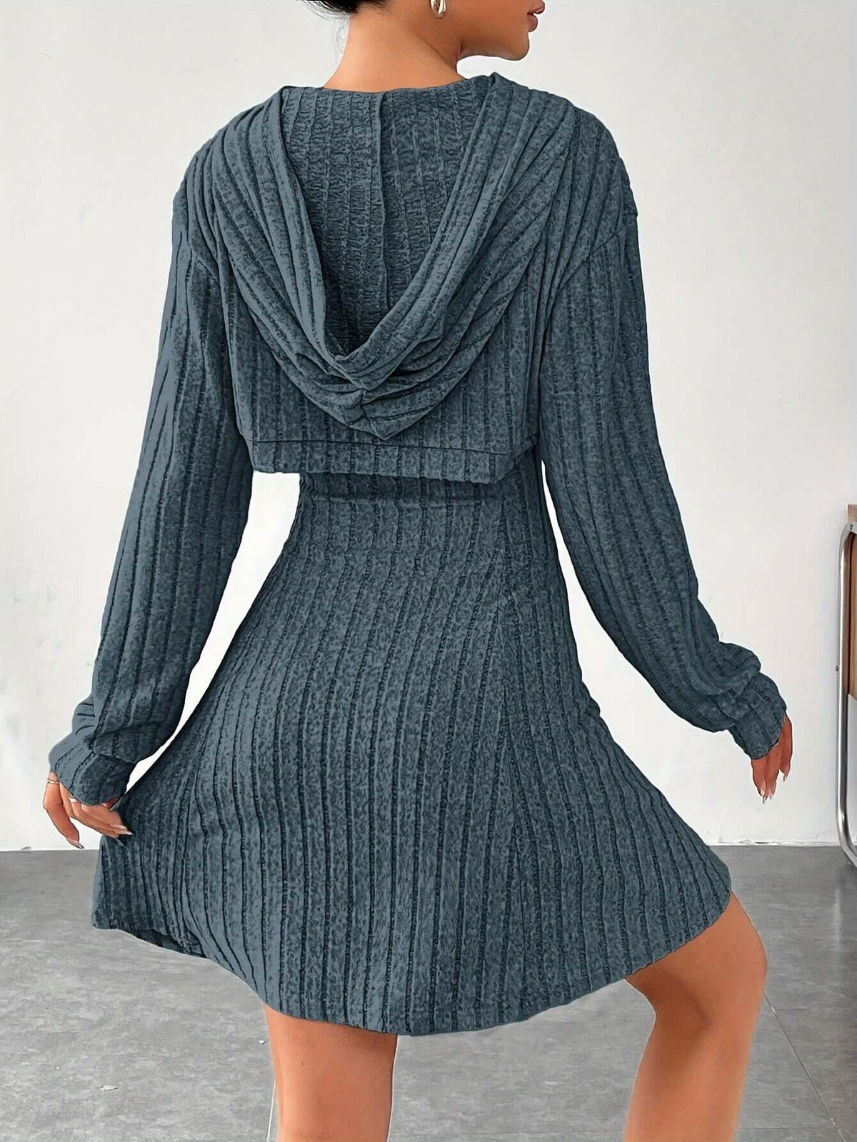 Women's Mini Knit Dress with Chest Cutout and Hood | Ribbed Texture, Long Sleeves, Flared Skirt | Sizes S-L, 6 Colors