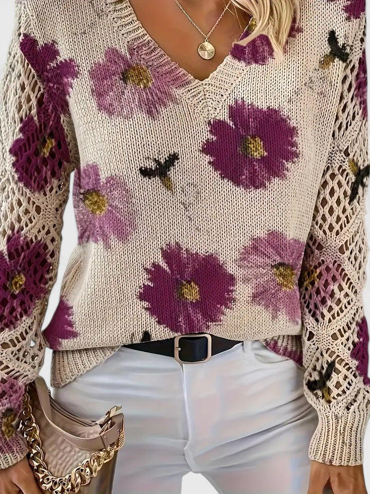 Women's Floral Knit Cardigan with V-Neck and Open Lattice Sleeves | Hip-Length Layering Sweater | Size S-2XL