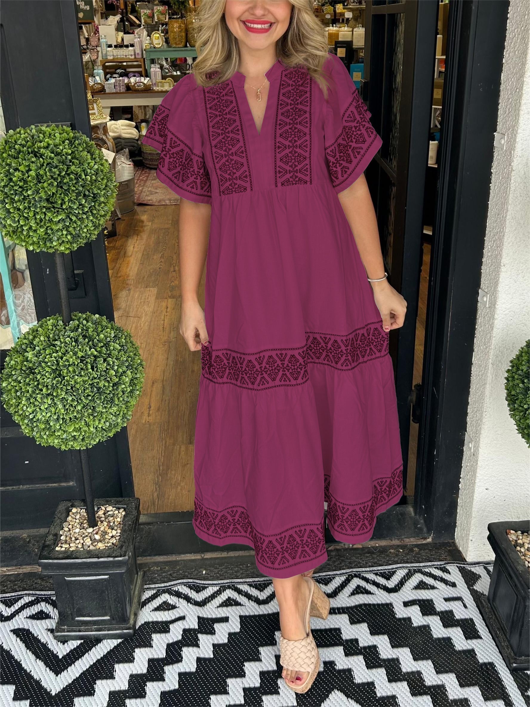 Rachel | Women's Boho V Neck Midi Dress