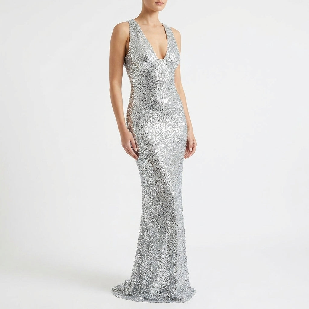 Women's Sequin Maxi Dress with Deep V Neckline | Sleeveless Column Line for Galas and Parties | Sizes S to XL, Silver