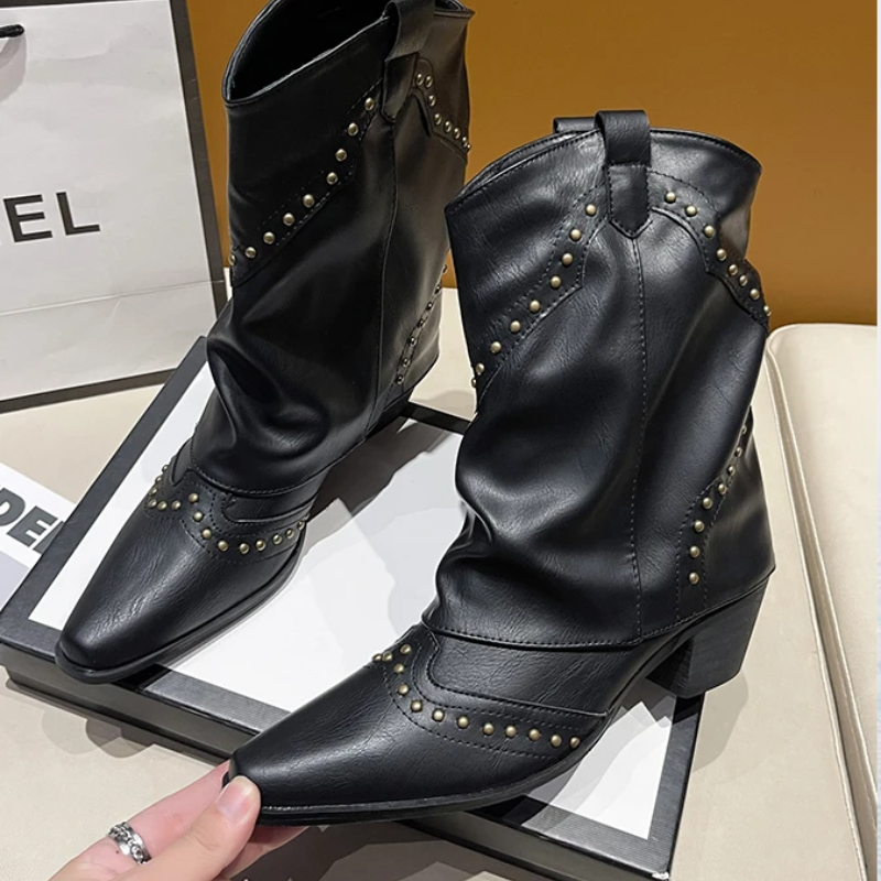 Women's Studded Western Boots with Metal Rivets | Medium Heel Cowgirl Style for Fall Nights | Size 5.5-9.5, 3 Colors