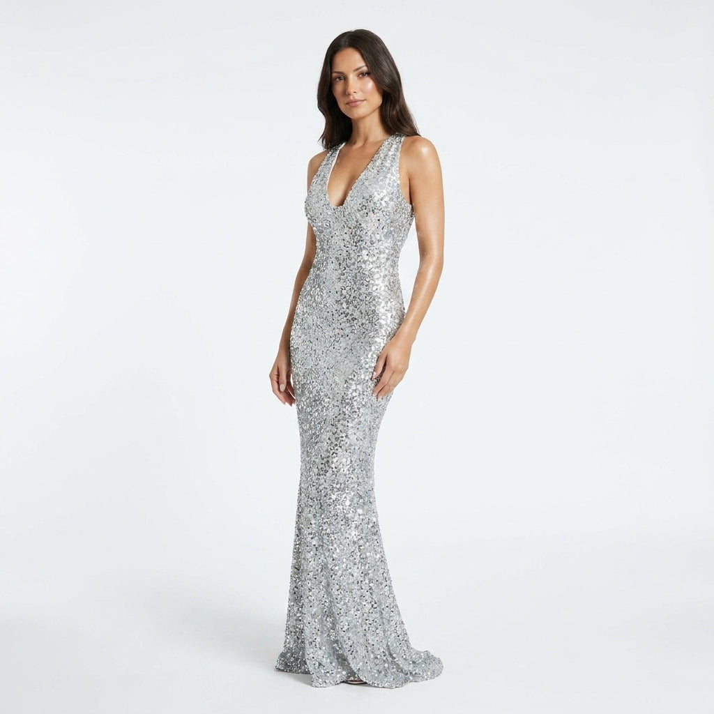 Women's Sequin Maxi Dress with Deep V Neckline | Sleeveless Column Line for Galas and Parties | Sizes S to XL, Silver