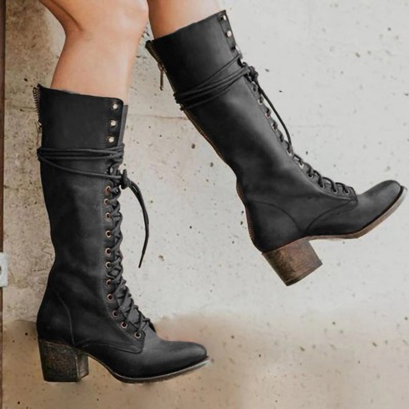 Women's Knee High Lace Up Boots with Block Heel | Studded Fold Over Cuff | Sizes 5.5-9.5, 5 Colors