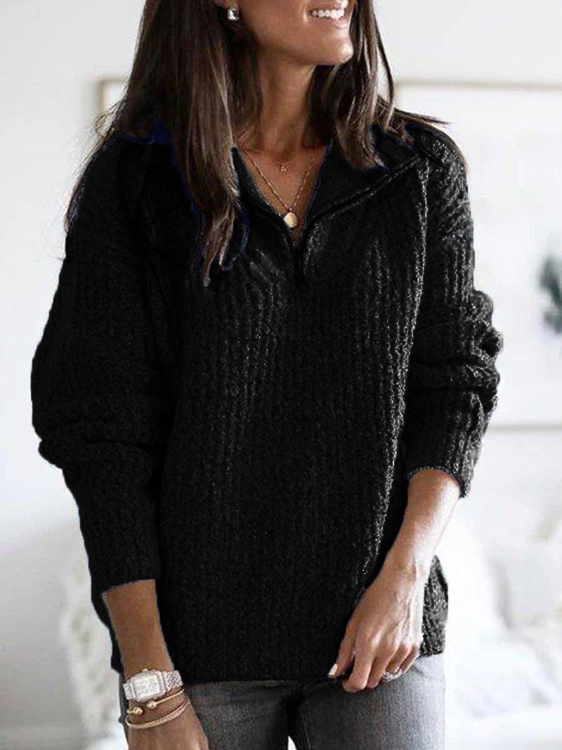 Women's Half Zip Pullover Sweater with Stand Collar | Relaxed Fit Textured Knit, Ribbed Cuffs and Hem | Size S-5XL