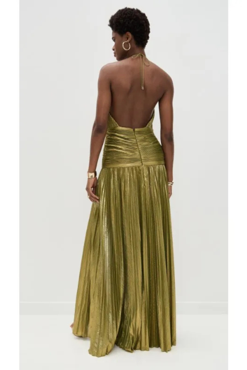 Women's Pleated Satin Maxi Dress with Halter Neck | Open Back, High Slit for Ceremonies | Sizes XS to 2XL, 5 Colors