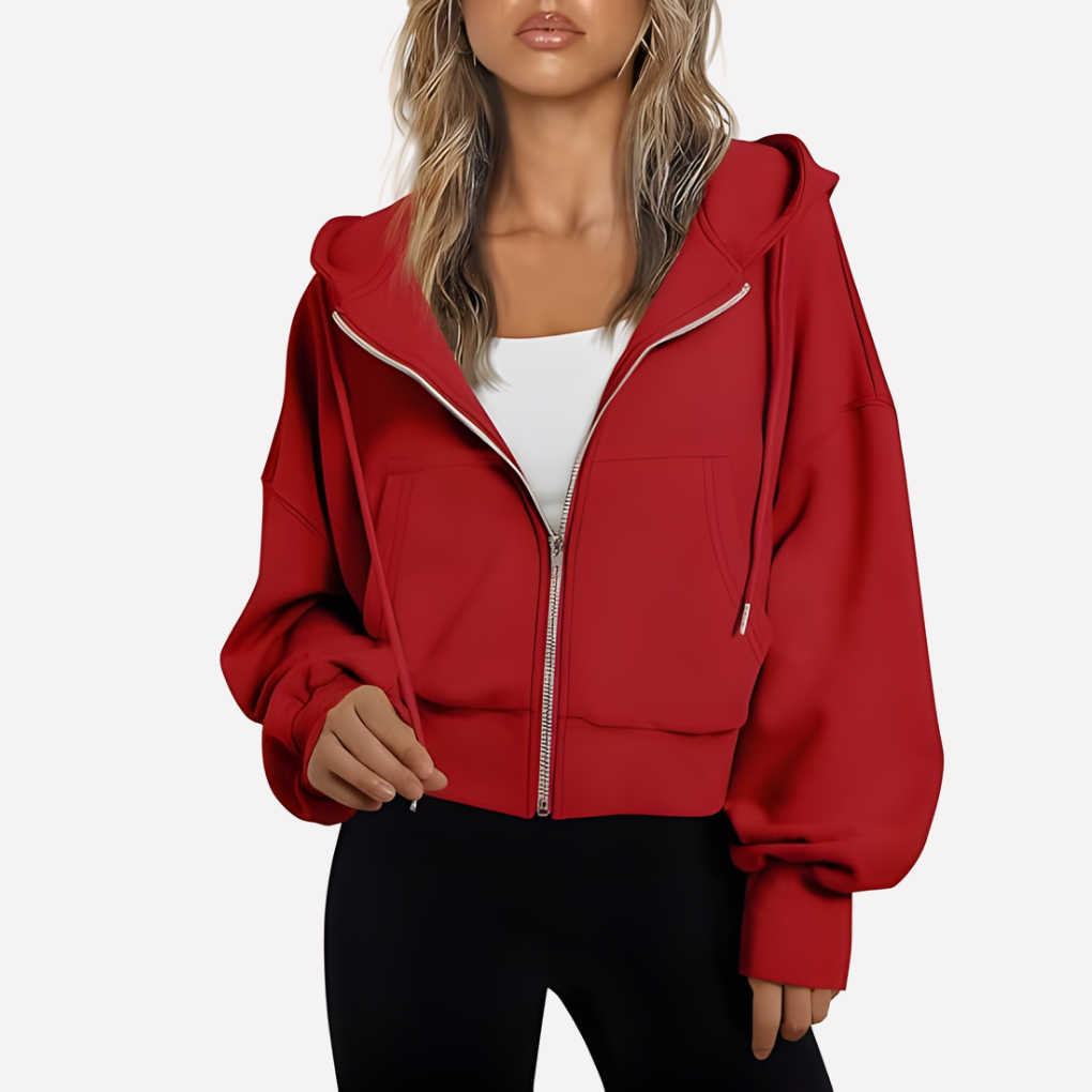 Women's Cropped Zip Up Hoodie with Adjustable Drawstring | Relaxed Sleeves, Printed Accents, Soft Interior | Size S-2XL