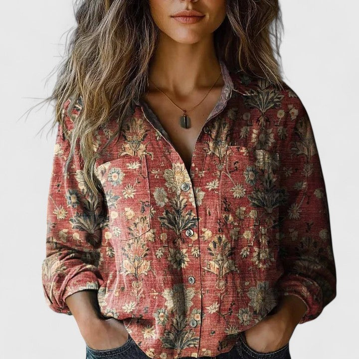Women's Vintage Floral Print Button-Down Shirt | Spread Collar, Chest Pocket, Long Sleeves | Sizes S-3XL | 9 Colorways