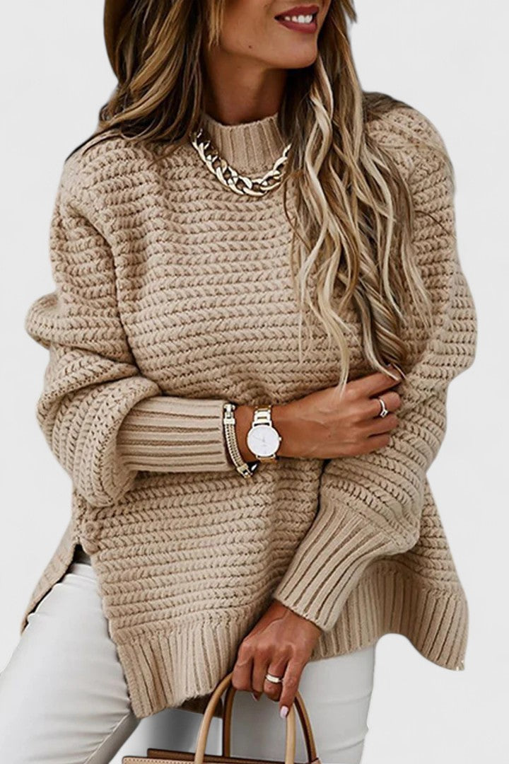 Women's Loose Fit Pullover Sweater with Round Neck and Slit Detail | Solid Color Jumper for Layering | Size S-3XL