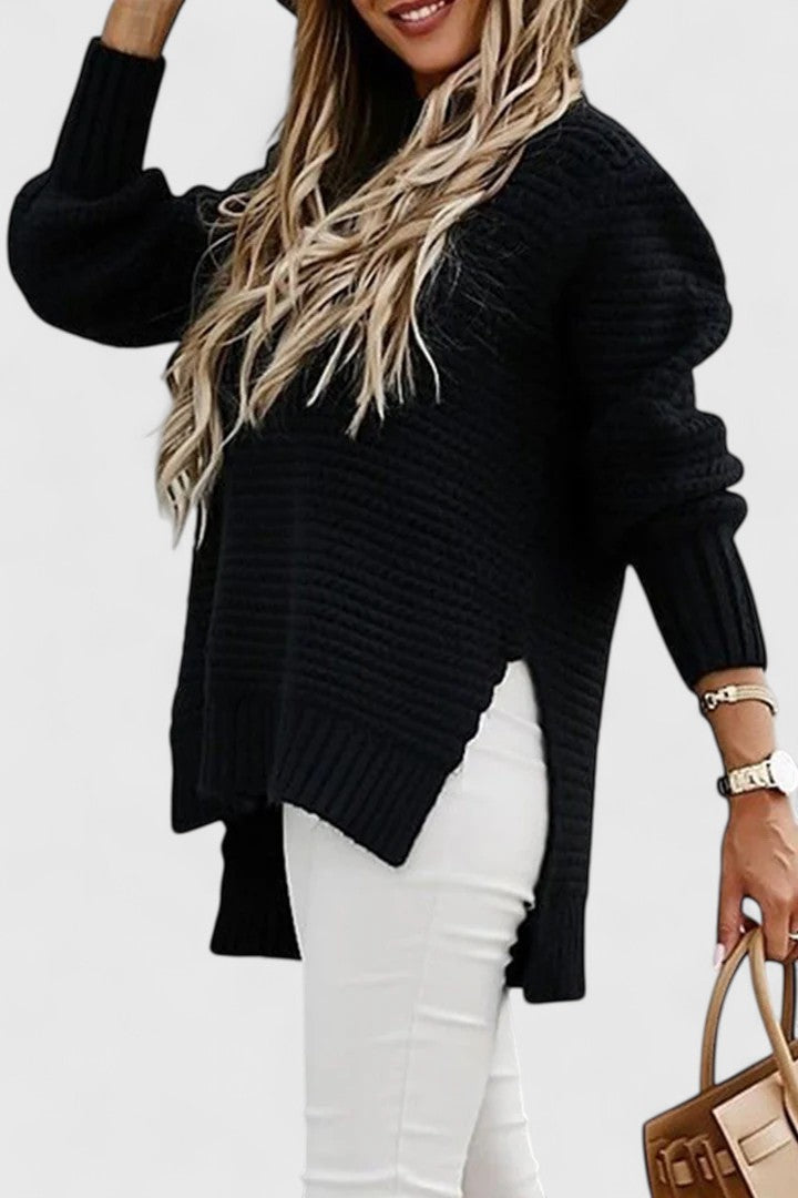 Women's Loose Fit Pullover Sweater with Round Neck and Slit Detail | Solid Color Jumper for Layering | Size S-3XL
