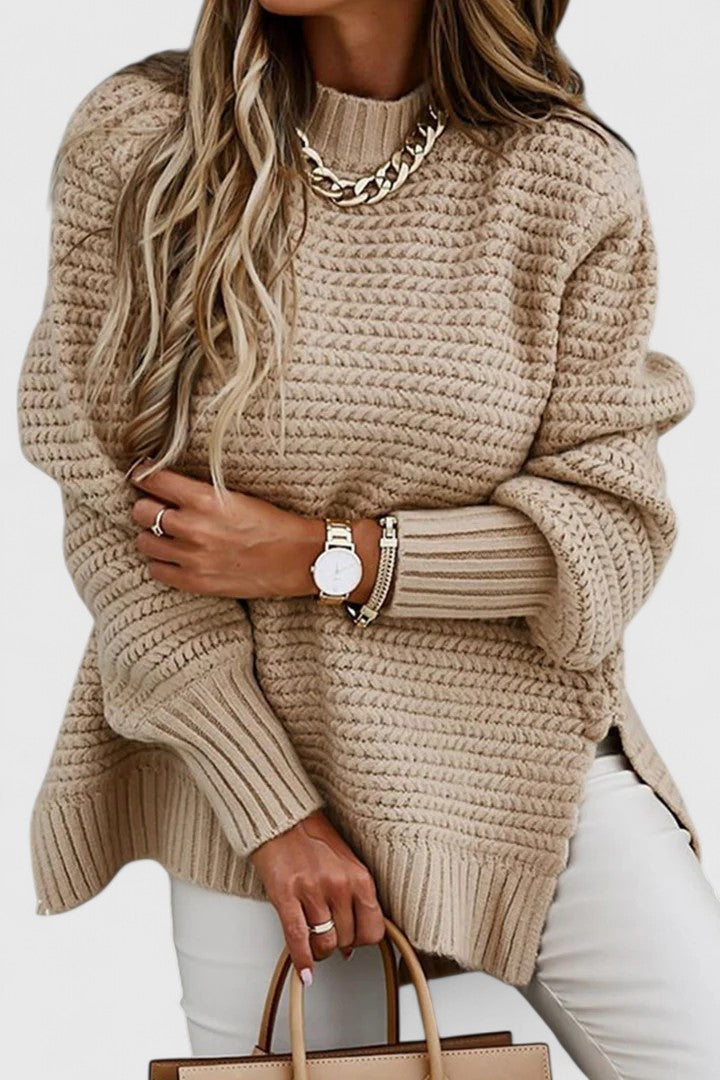Women's Loose Fit Pullover Sweater with Round Neck and Slit Detail | Solid Color Jumper for Layering | Size S-3XL