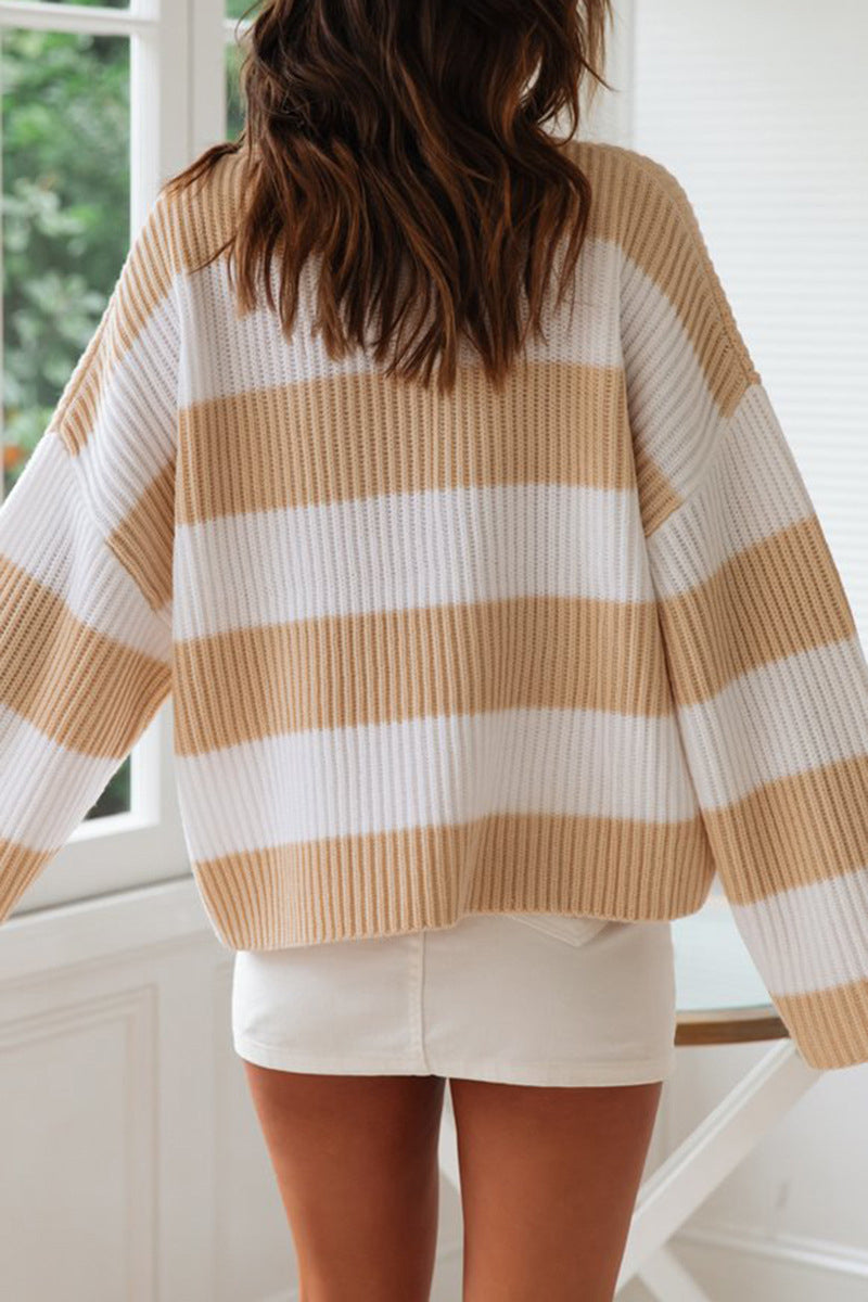 Women's Contrast Striped Crew Neck Sweater | Loose Fit Long Sleeve Pullover in Acrylic Blend for Everyday Wear | Size S-XL