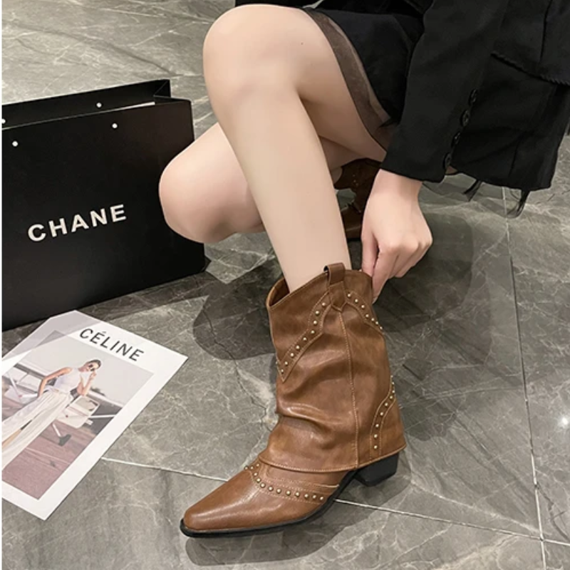 Women's Studded Western Boots with Metal Rivets | Medium Heel Cowgirl Style for Fall Nights | Size 5.5-9.5, 3 Colors