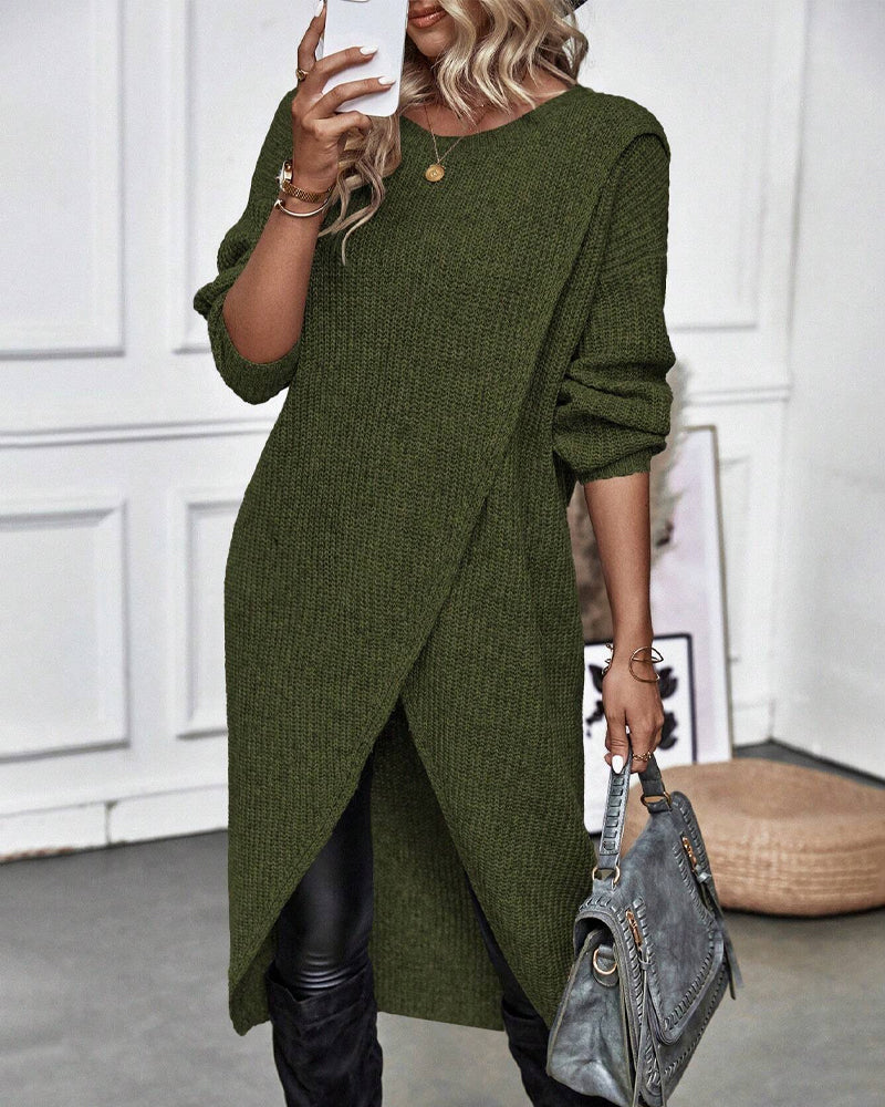 Women's Long Sleeve Sweater Dress with Crossover Split Hem | Ribbed Knit, Round Neck, Knee Length | Sizes S-XL, 4 Colors