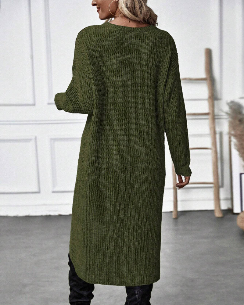 Women's Long Sleeve Sweater Dress with Crossover Split Hem | Ribbed Knit, Round Neck, Knee Length | Sizes S-XL, 4 Colors