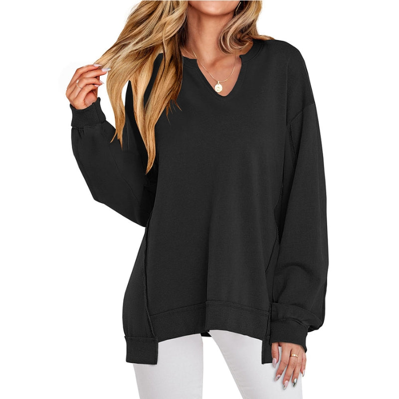 Women's Oversized V-Neck Sweatshirt Tunic | Long Sleeve Top with Ribbed Cuffs | Sizes S to 2XL | 3 Colors for Layering