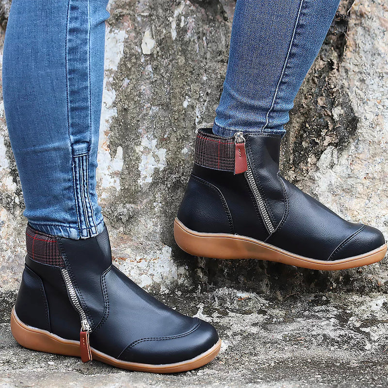 Women's Ankle Boots with Side Zip | Cushioned Insole, Non-Slip Outsole and Check Panel | Sizes 5.5-11, 5 Colors