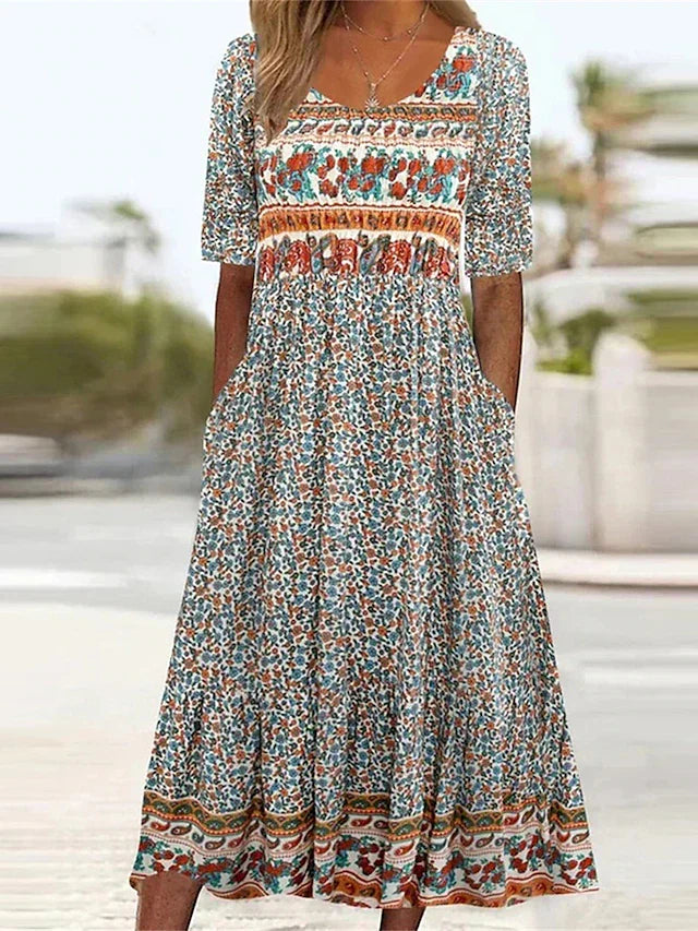 Peyton | Women's Boho Printed Square Neck Short Sleeve Midi Dress