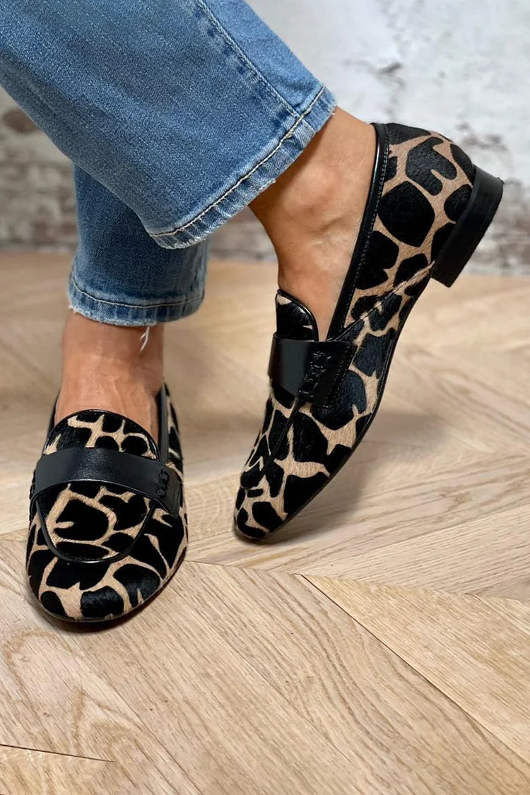 Women's Animal Print Loafers | Slip-On Flat Shoes with Patterned Upper, Round Toe | US 5 to 12 | Black Print Colorway