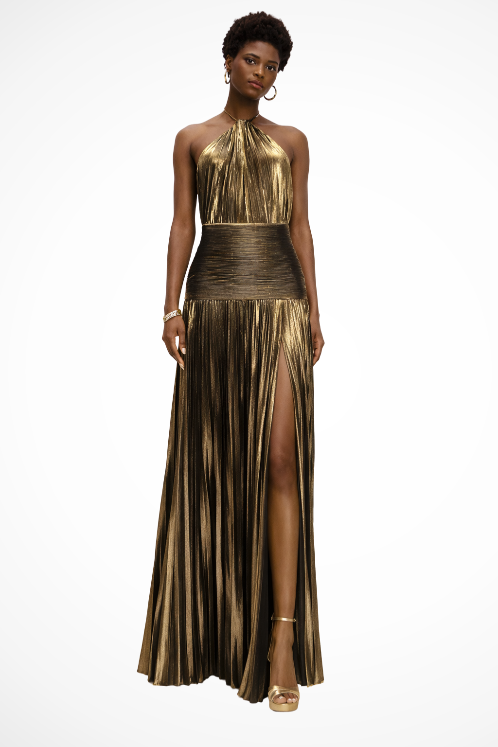 Women's Pleated Satin Maxi Dress with Halter Neck | Open Back, High Slit for Ceremonies | Sizes XS to 2XL, 5 Colors