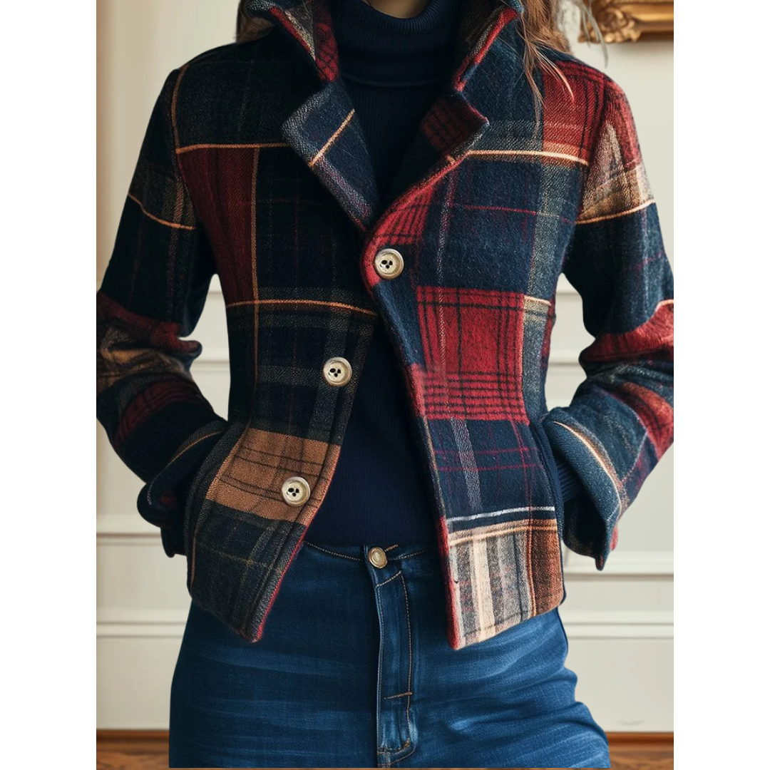 Women's Classic Plaid Jacket | Structured Tailored Cut, Warm Mid-Weight Layer, Long Sleeves | Multicolor Plaid