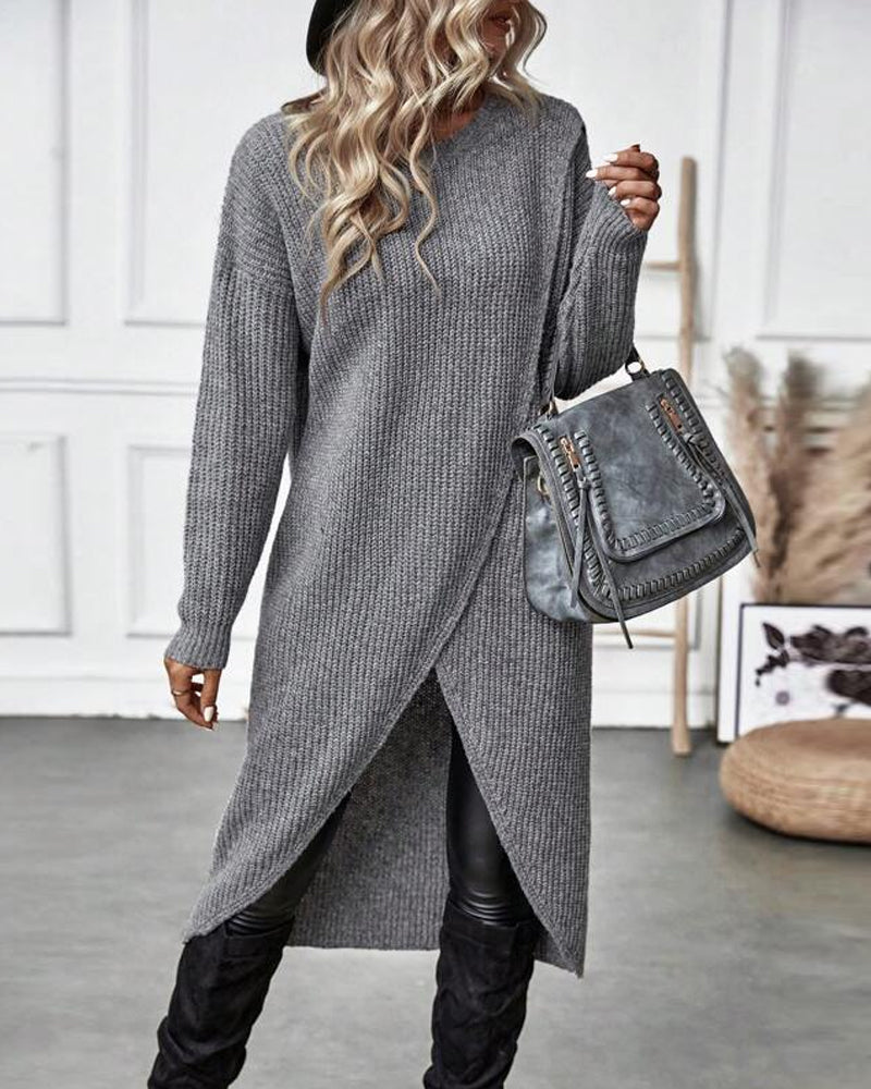 Women's Long Sleeve Sweater Dress with Crossover Split Hem | Ribbed Knit, Round Neck, Knee Length | Sizes S-XL, 4 Colors