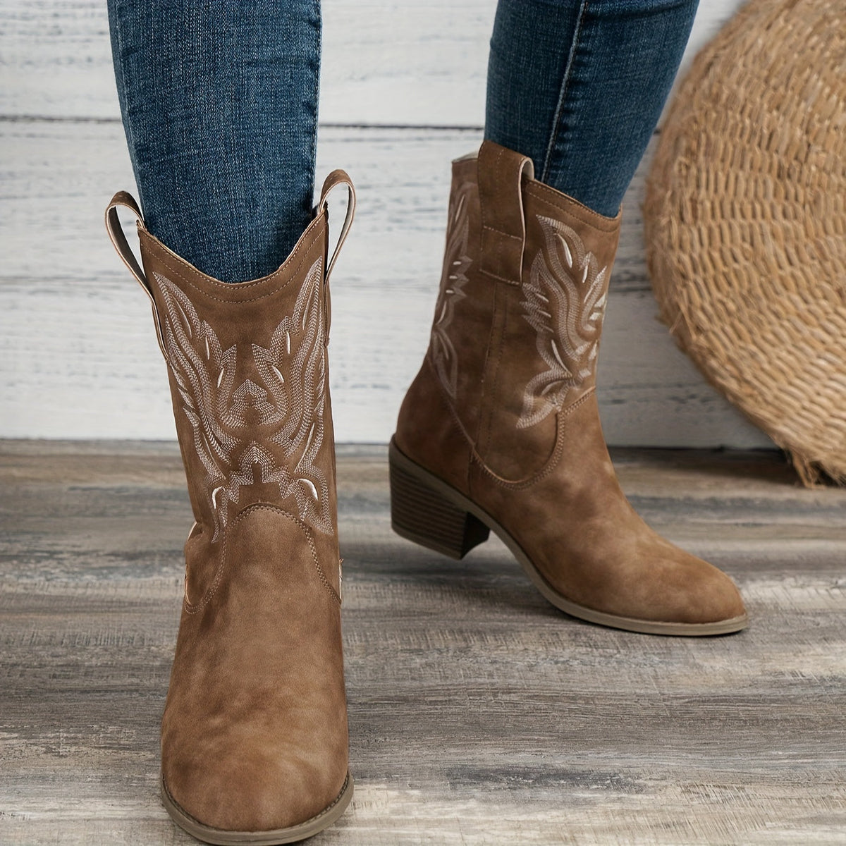 Women's Heeled Boots with Block Heel and Embroidery | Size 5.5-12 | Camel, Black, Beige