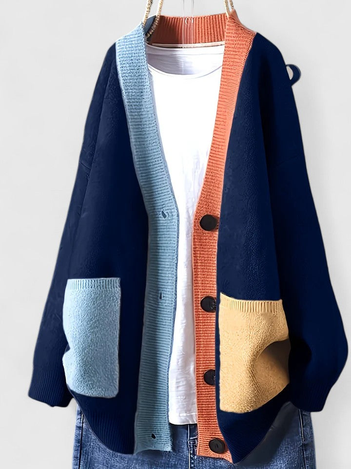 Women's Oversized Cardigan with Contrast Trim and Patch Pockets | Lightweight Button-Up Sweater | Size XL-6XL