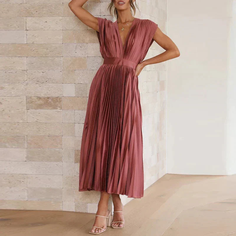 Pleated Midi Dress with Deep V-Neckline