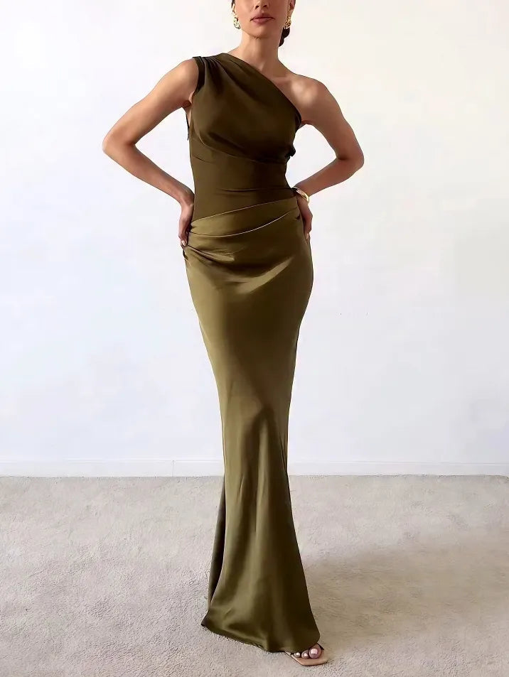 Women's One-Shoulder Pleated Maxi Dress | Formal Wedding Guest Gown with Floor-Length Hem | Size XS-3XL, 3 Colors