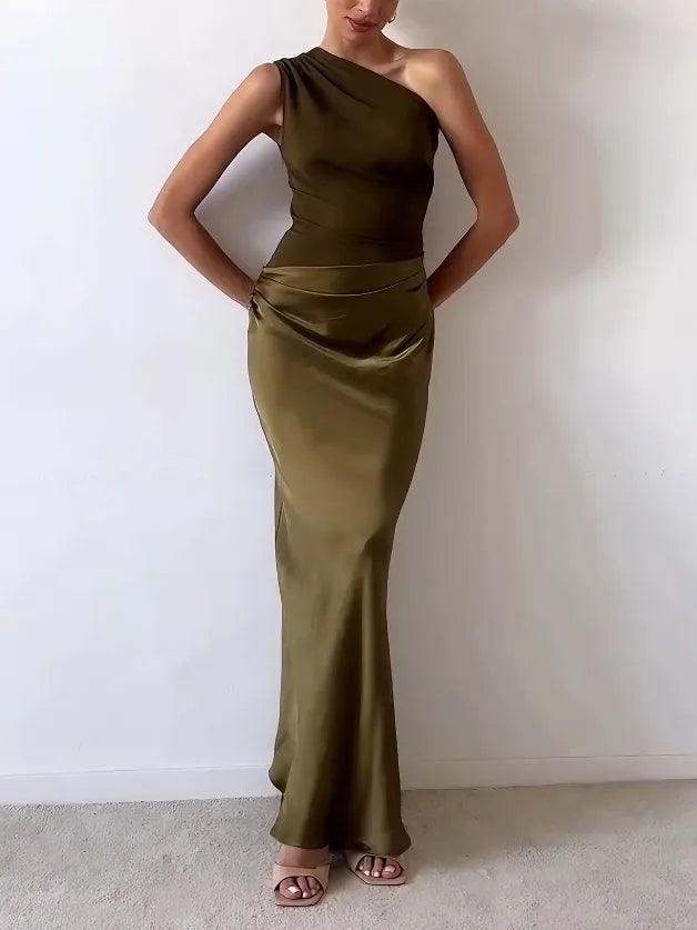 Women's One-Shoulder Pleated Maxi Dress | Formal Wedding Guest Gown with Floor-Length Hem | Size XS-3XL, 3 Colors