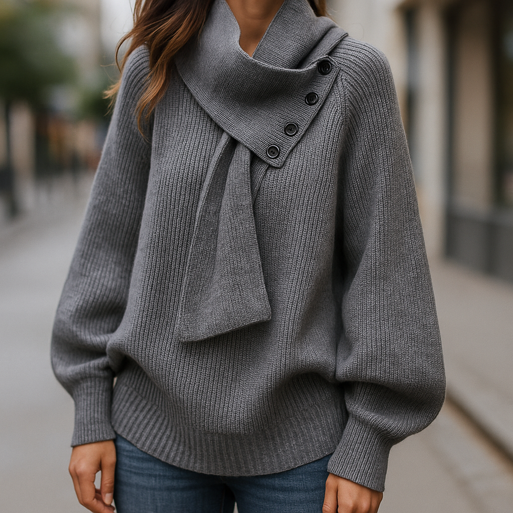 Women's Cozy Scarf-Neck Knit Sweater | Draped Collar Detail, Long Sleeves, Softly Relaxed Everyday Fit | 5 Colors