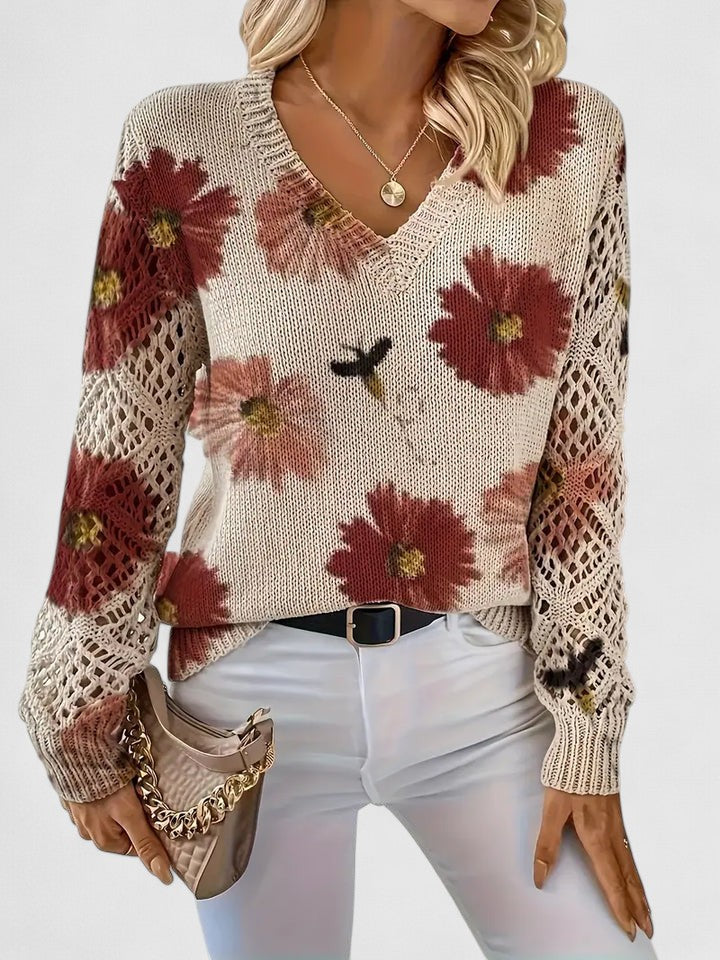 Women's Floral Knit Cardigan with V-Neck and Open Lattice Sleeves | Hip-Length Layering Sweater | Size S-2XL
