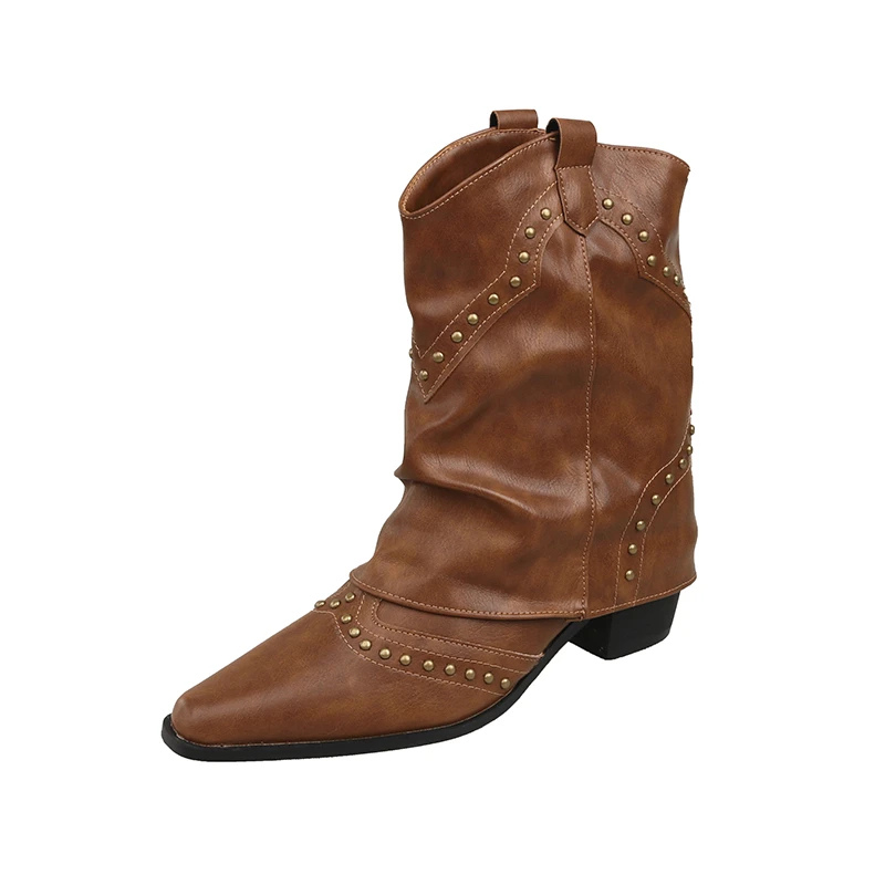 Women's Studded Western Boots with Metal Rivets | Medium Heel Cowgirl Style for Fall Nights | Size 5.5-9.5, 3 Colors
