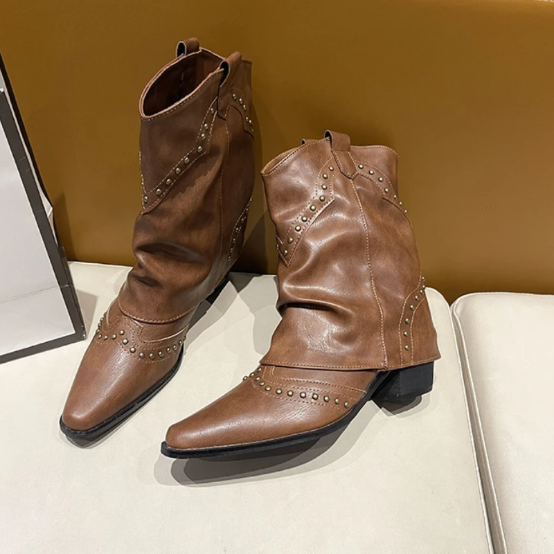 Women's Studded Western Boots with Metal Rivets | Medium Heel Cowgirl Style for Fall Nights | Size 5.5-9.5, 3 Colors