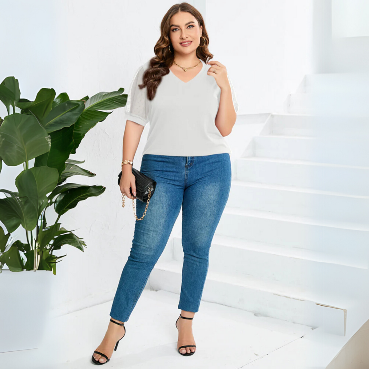 Women's V-Neck Top in a Lightweight Breathable Fabric | Relaxed Fit to Layer Under a Blazer | Size S-2XL, 8 Colors