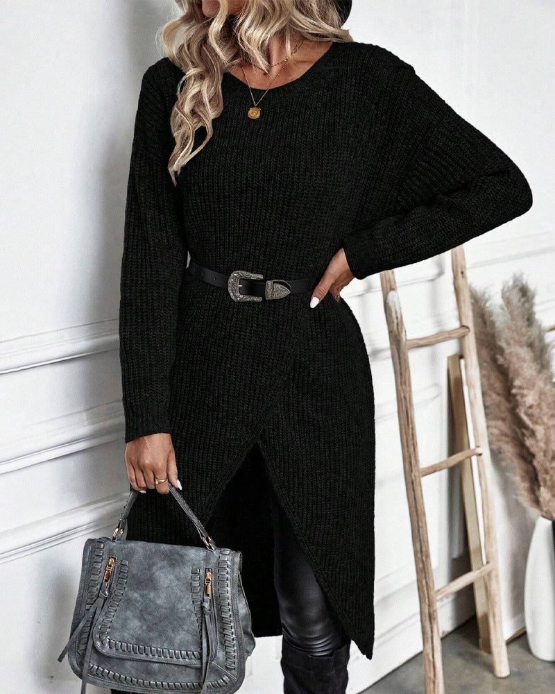 Women's Long Sleeve Sweater Dress with Crossover Split Hem | Ribbed Knit, Round Neck, Knee Length | Sizes S-XL, 4 Colors