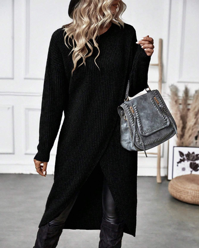 Women's Long Sleeve Sweater Dress with Crossover Split Hem | Ribbed Knit, Round Neck, Knee Length | Sizes S-XL, 4 Colors