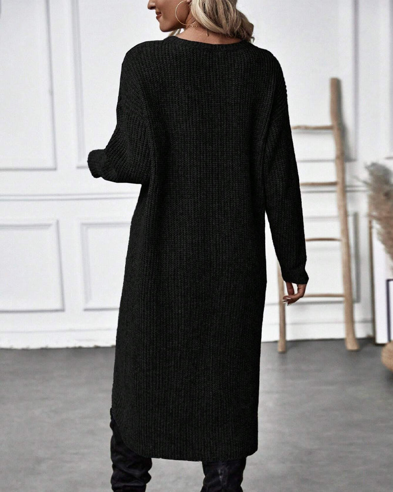 Women's Long Sleeve Sweater Dress with Crossover Split Hem | Ribbed Knit, Round Neck, Knee Length | Sizes S-XL, 4 Colors