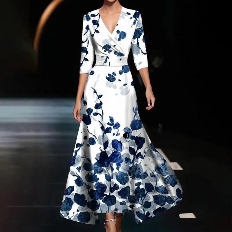 Floral Print A-Line Maxi Dress with V-Neckline
