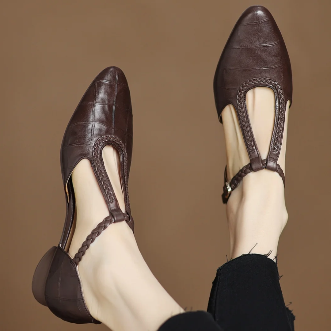 Women's Leather Mary Jane Ballet Flats | T-Strap Buckle, Tapered Toe and Cushioned Flat Sole | Size 5.5-8, Brown or Black