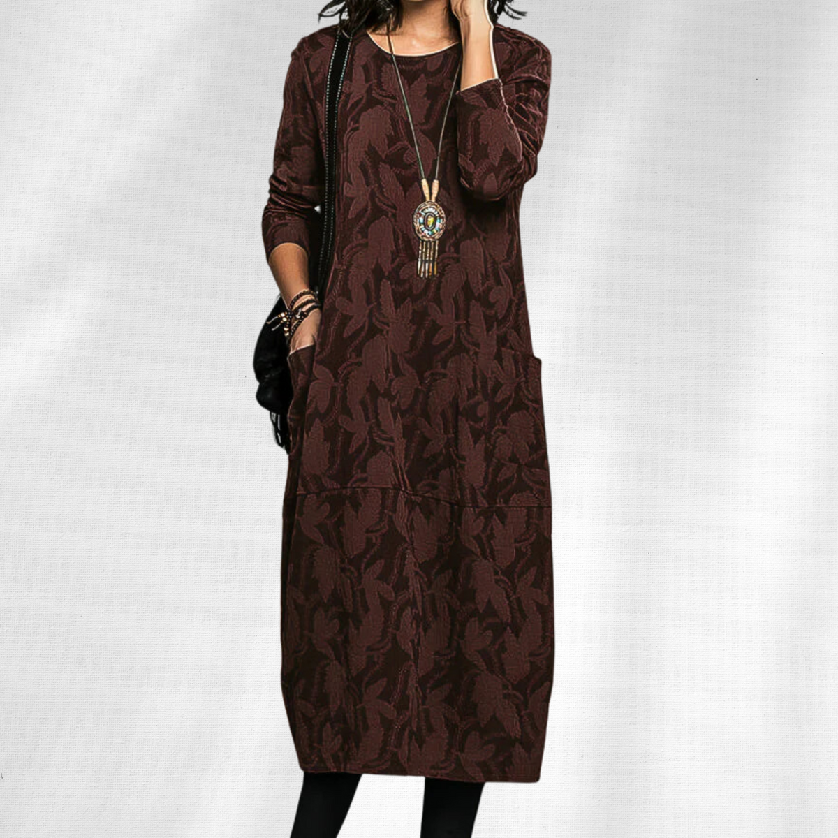 Women's Crewneck Winter Dress with Side Pockets | Relaxed Fit, Round Neckline, Floral Detailing | Sizes S-3XL
