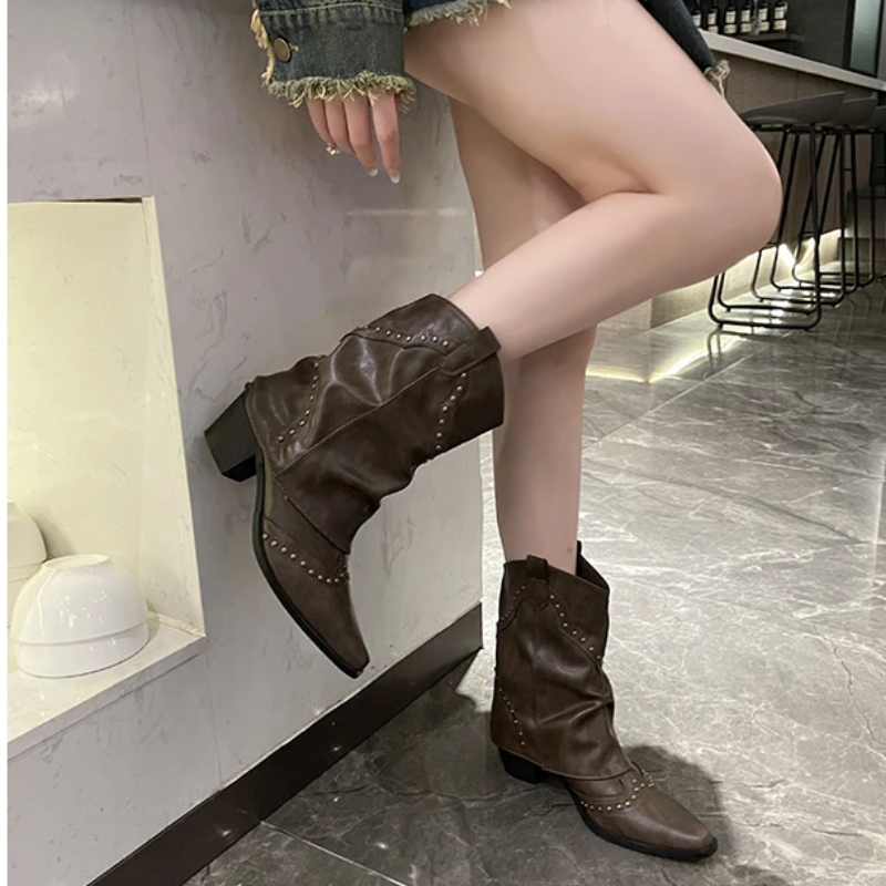 Women's Studded Western Boots with Metal Rivets | Medium Heel Cowgirl Style for Fall Nights | Size 5.5-9.5, 3 Colors
