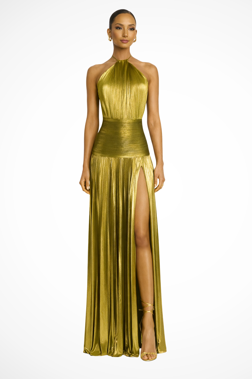 Women's Pleated Satin Maxi Dress with Halter Neck | Open Back, High Slit for Ceremonies | Sizes XS to 2XL, 5 Colors