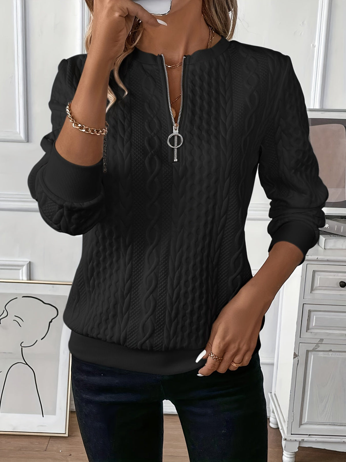 Women's Cable Knit Sweater with Zip Closure and Half Zip | Size S-2XL | Pink, Grey, White, Black, Yellow, Blue